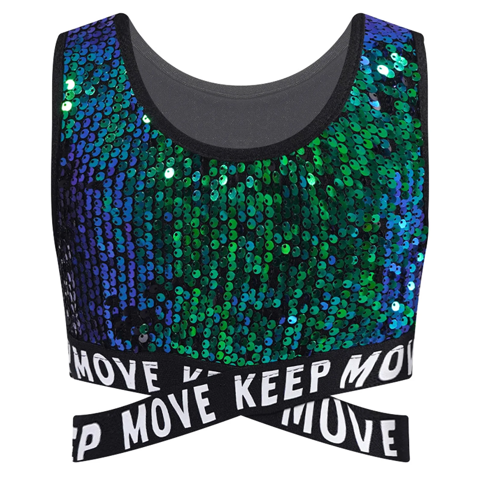 Kids Jazz Dance Vest Costume Child Shiny Sequins Sleeveless Crop Top Criss-cross Waistline Tops for Girls Performance Dancewear