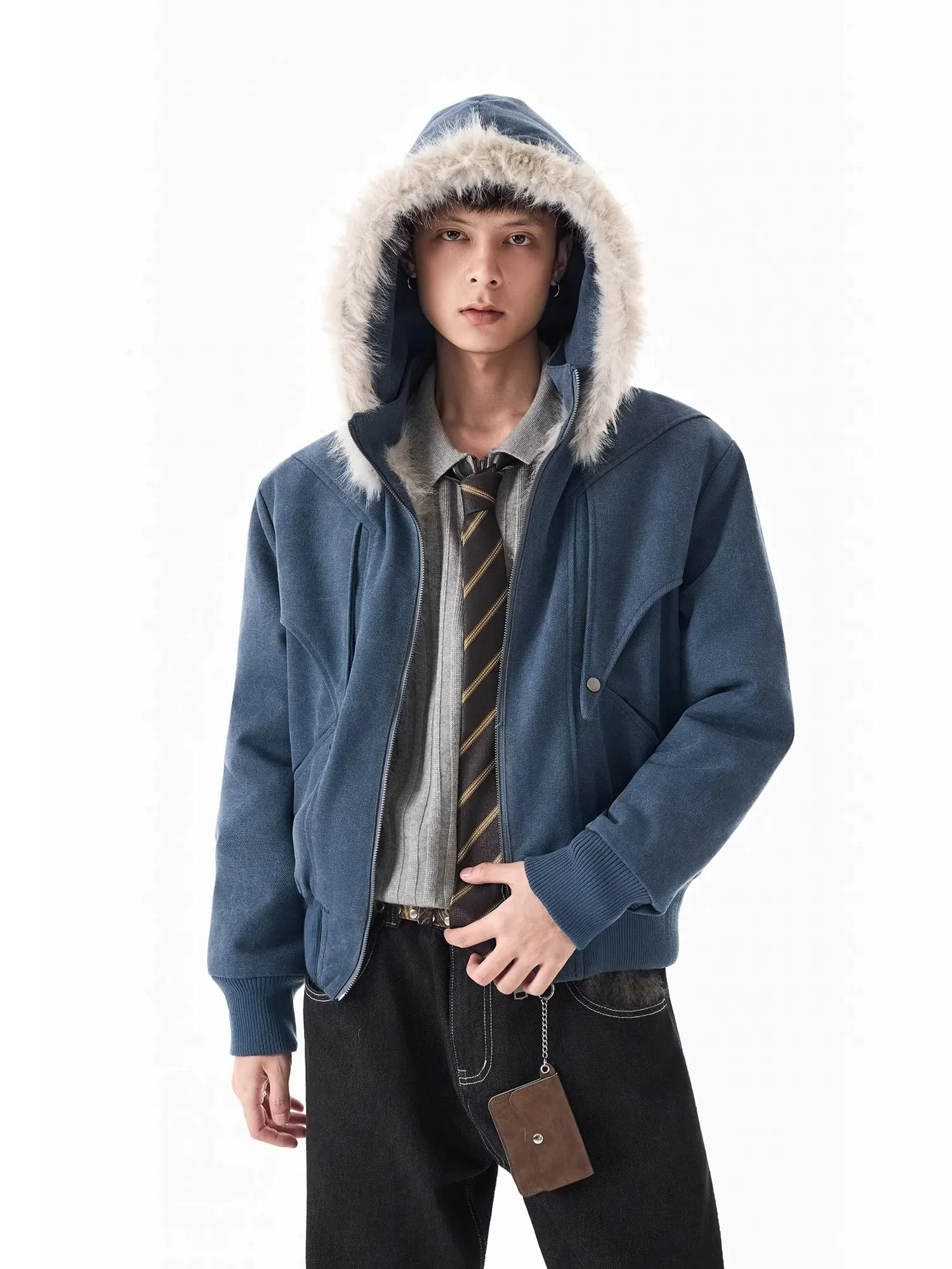 

Retro American Hooded Jacket with Fur Collar Thickened Winter Warm Short Wide Cotton Coat for Men And Women Trendy Style