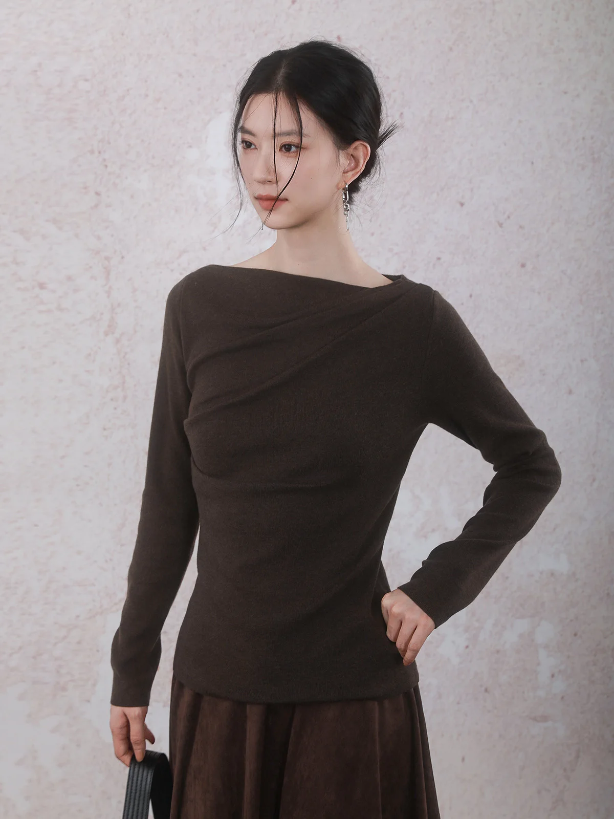 

Tea Brown Folded Collar Sweater B5D607M Casual Slim Fit Long Sve One oulder Design Polyester Acrylic Nylon Wool Blend