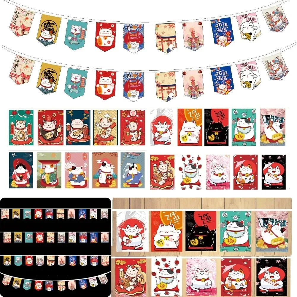 Japanese Style Lucky Cat Hanging String Flag Sushi Restaurant Bunting Banners Izakaya House Birthday Party Wedding Decoration