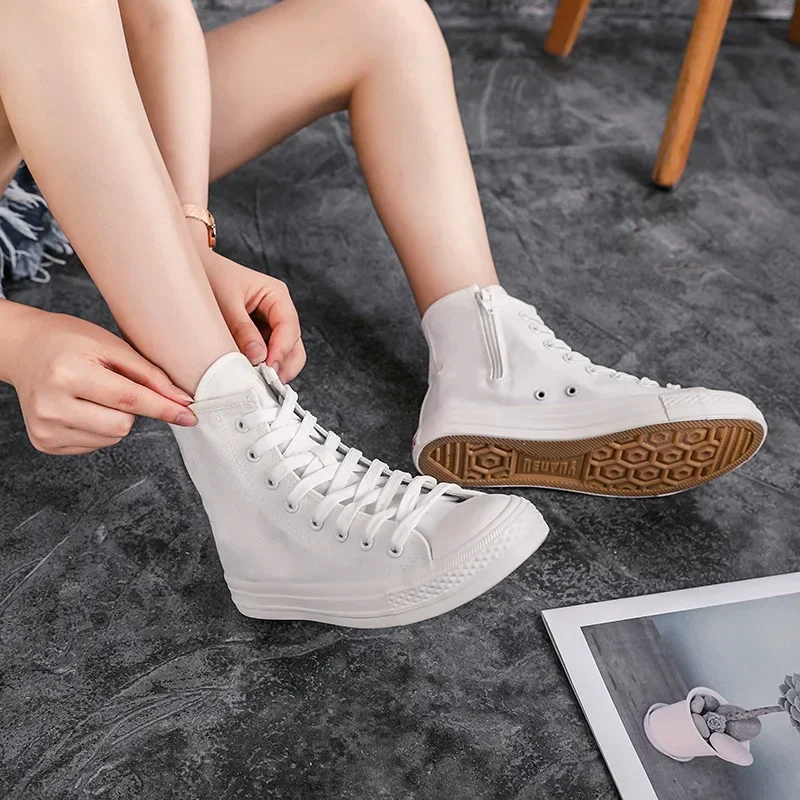 2024 The New Women\'s Sneakers Zippered Platform Boots Canvas White Shoes Lightweight High Top Women Vulcanized Shoes Botas Mujer