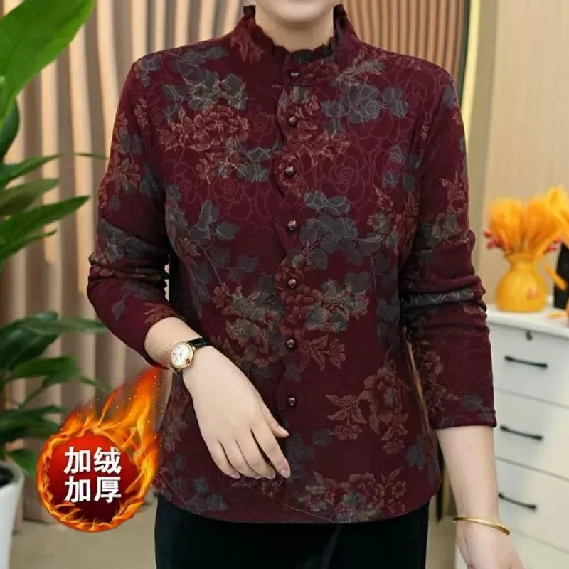 Women Plus Size Fleece Lined Floral Top Winter Ruffle Collar Warm Blouse For Middle Aged Mothers
