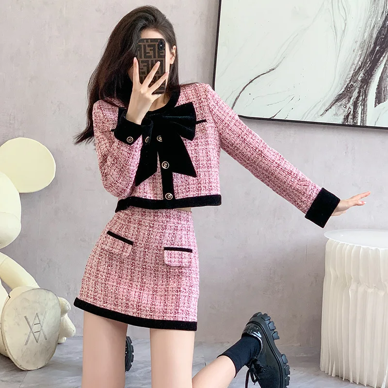 

Spring French Splicing Lattice Two Piece Set Women Bow Long Sleeves Jacket+High Waist Slim Mini Hip Skirt Female Autumn Outfit