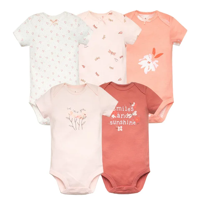 Conjunto de Roupas de Bebê Fashion 5PCS/Conjunto, Body de Algodão Macio de Manga Curta para Meninas, Macacão para Recém-Nascidos e Crianças