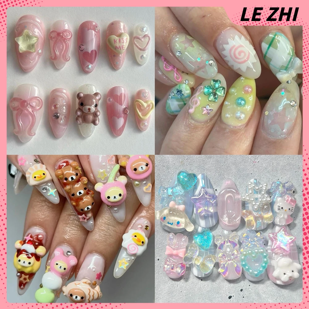 

10Pcs Cartoon 3D Hello Kitty Bear Short Almond Full Cover Fake Nail Art Pink Glitter Powder Diy Handmande Girl Gift Nail Sticker