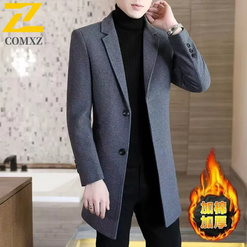 COMXZ Mens Wool Coat Korean Trend Long Cashmere Coat Autumn Winter Thick Wool Trench Coat