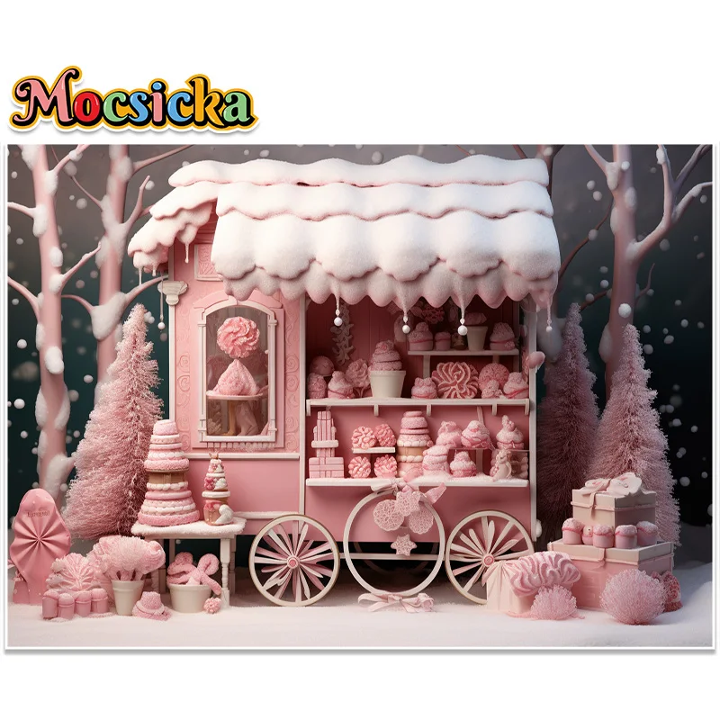Mocsicka Christmas Xmas Pink Ice Cream Truck Decor sfondo invernale per bambini ritratto servizio fotografico sfondo puntelli da Studio