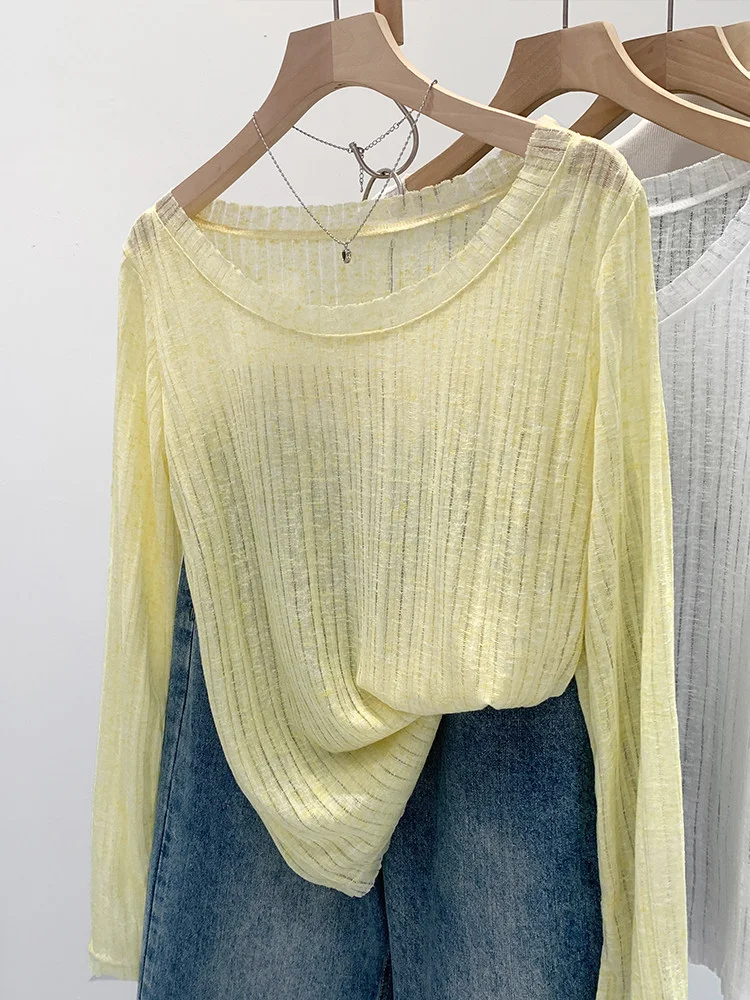 Korean Style Elegant Thin Sun Protection T-shirt Solid O- Neck Air Conditioning Cover Up Top Women Spring Summer Loose Lazy Tee