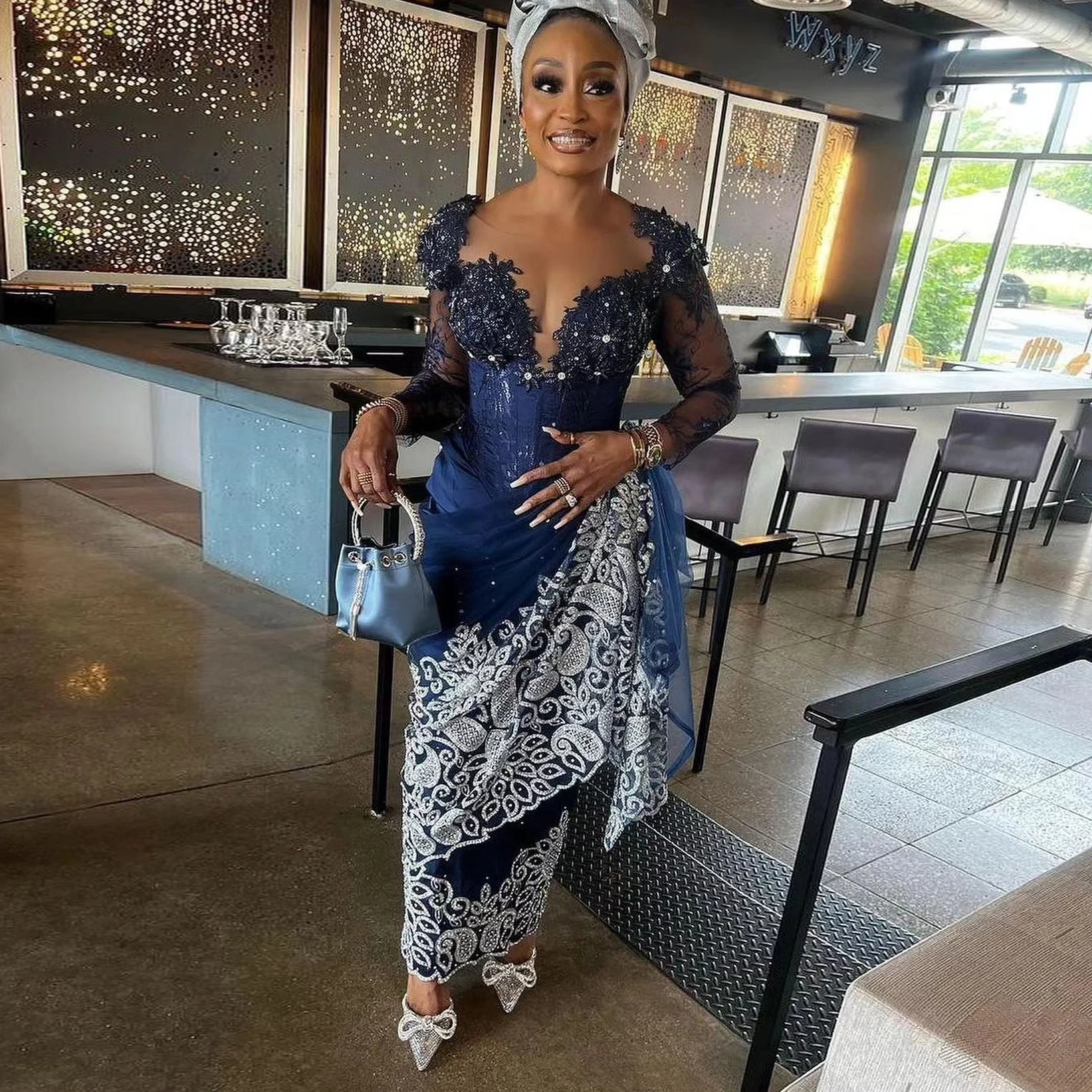 Dark Blue Nigerian African Prom Dresses Handmade Lace Beading Formal Dress Aso Ebi Style Wedding Guest Gown Nigeria Party Dress