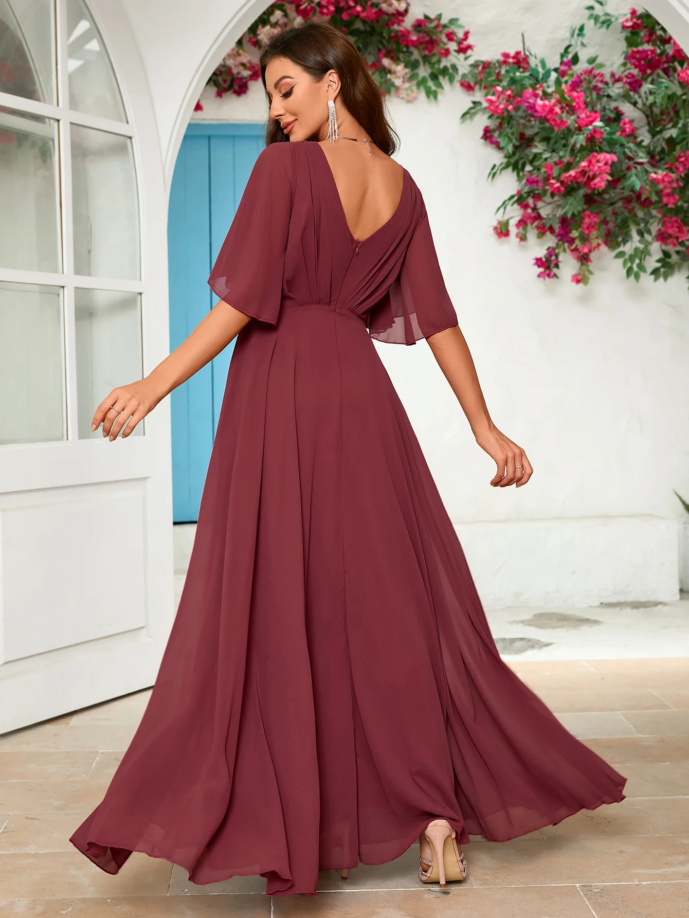 Unithorse Floral Sleeve Ruched Bust Chiffon Bridesmaid Formal Dress