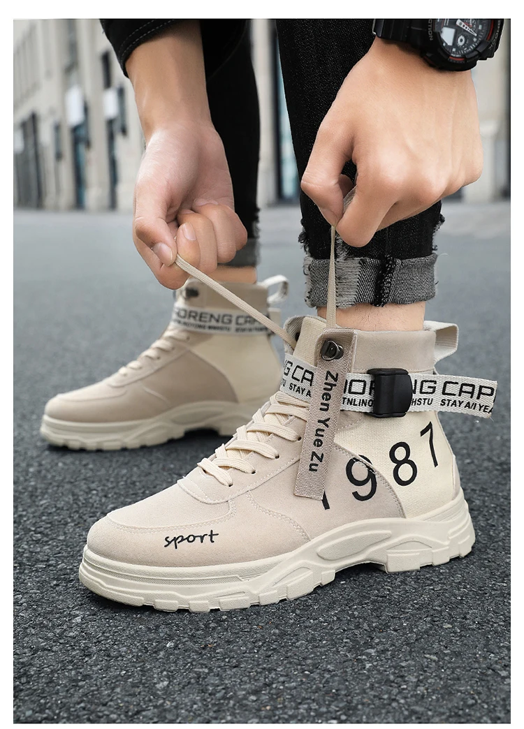 Herren Einfarbige High-Top Modische Vielseitige Outdoor-Wanderschuhe, Bequeme Rutschfeste Freizeitsportstiefel – Detail 3