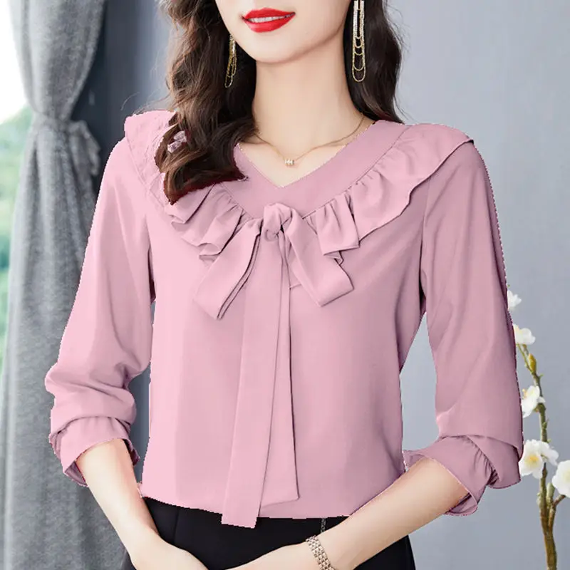 V-Neck Office Lady Ruffle Chiffon Bowknot Thin Flare Sleeve Women Blouse Stylish Versatile Pullover Various Colors Oversize Top