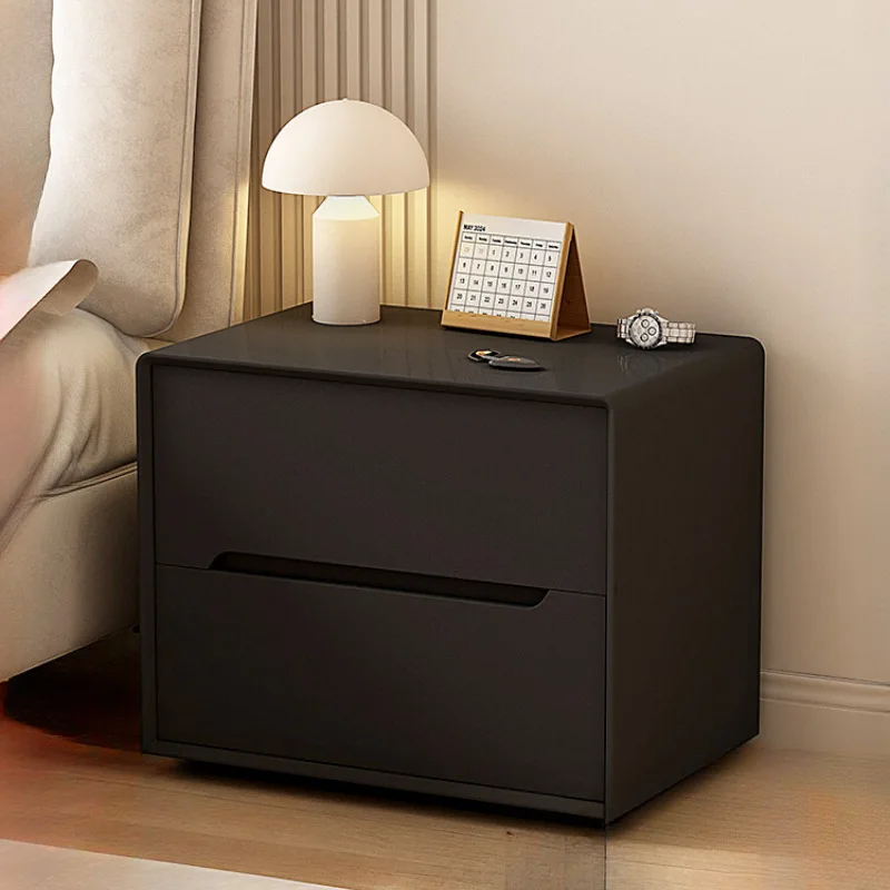 Italian Minimalist Black Bedside Table, High-end Modern Large Apartment, Solid Wood Leather Storage 60, Free Installation