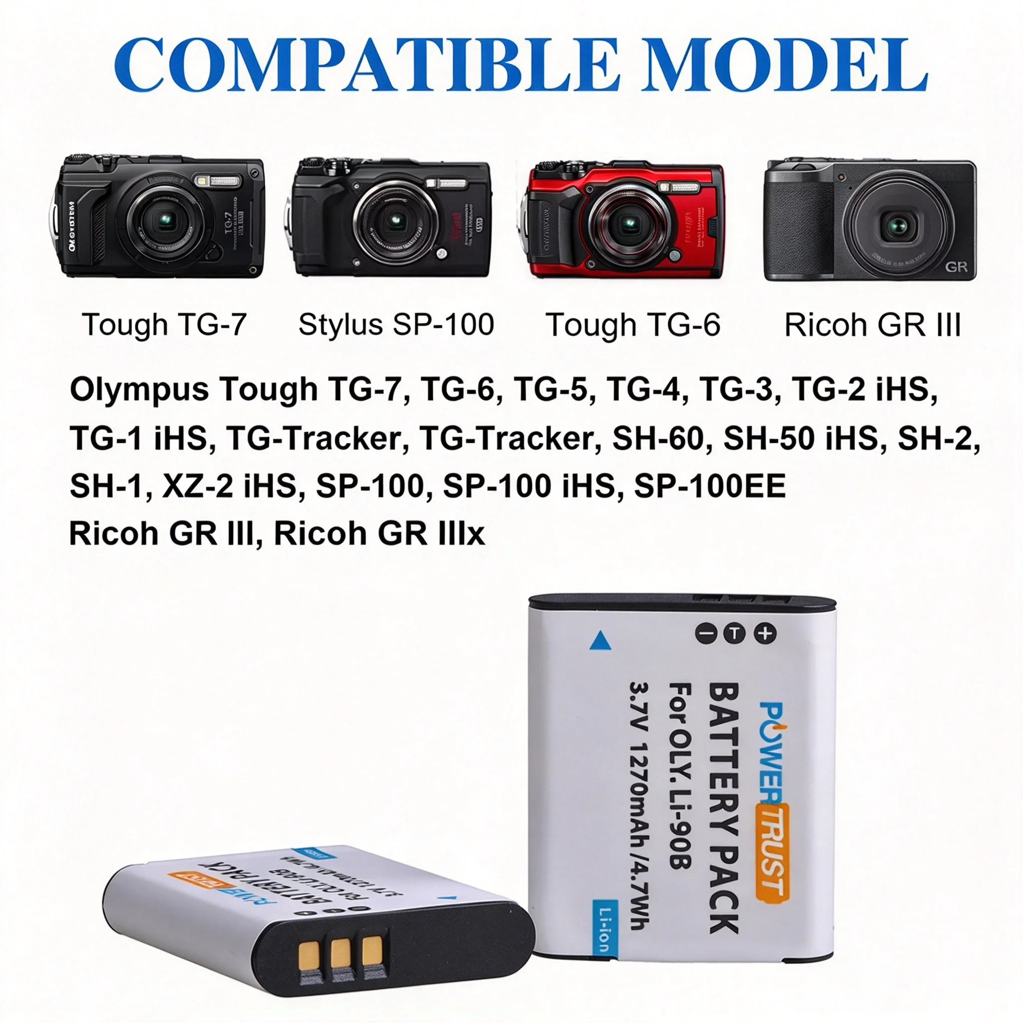 Li-90B Li-92B Battery with Charger for Olympus Li 90B Li92B Tough TG-4 TG-6 TG-5 TG-2 TG-1 IHS SH-1 SH-2 SH-60 SH-50 IHS, SP-100