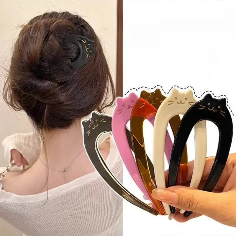 3pcs Set of Stylish U-Shaped Cat-Themed Cute Hairpins and Hair Combs for the Back of the Head