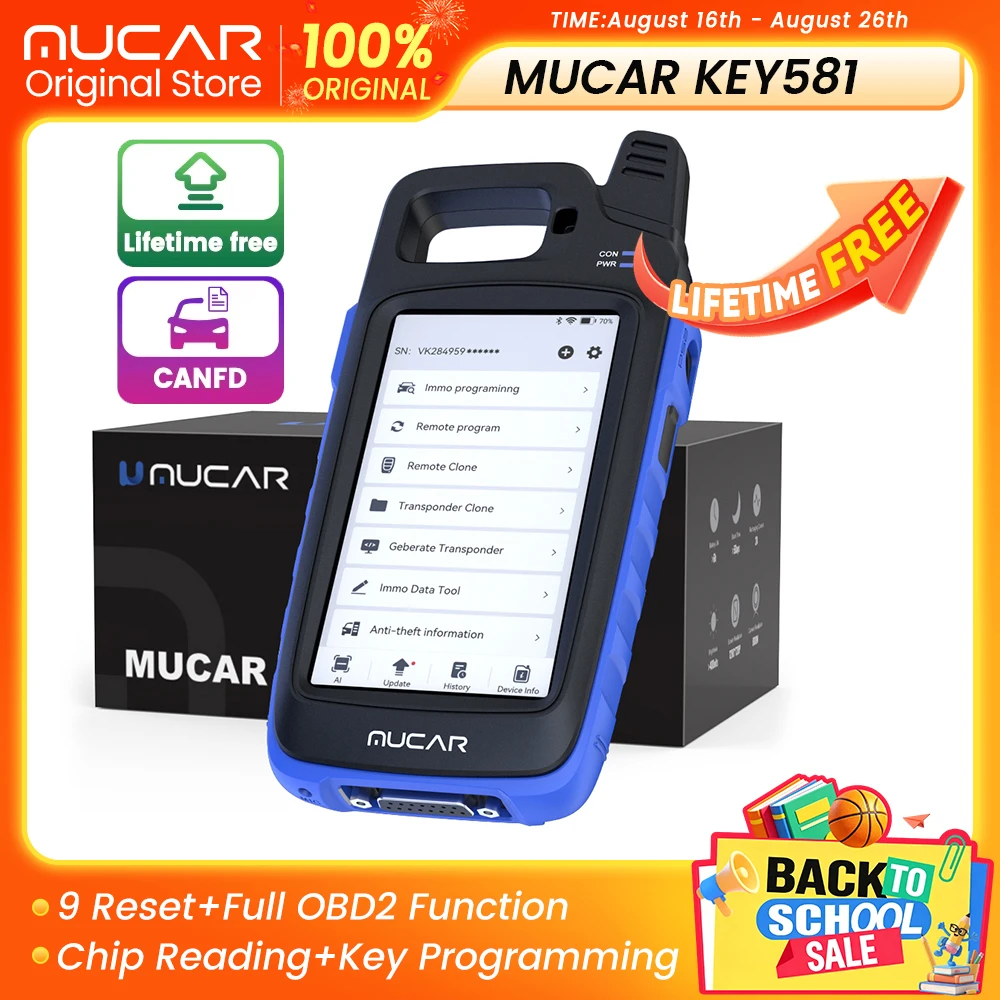 MUCAR KEY581 IMMO Key Programming tool OBD2 Function 9 reset remote program key match chip reading CANFD protocol lifetime free
