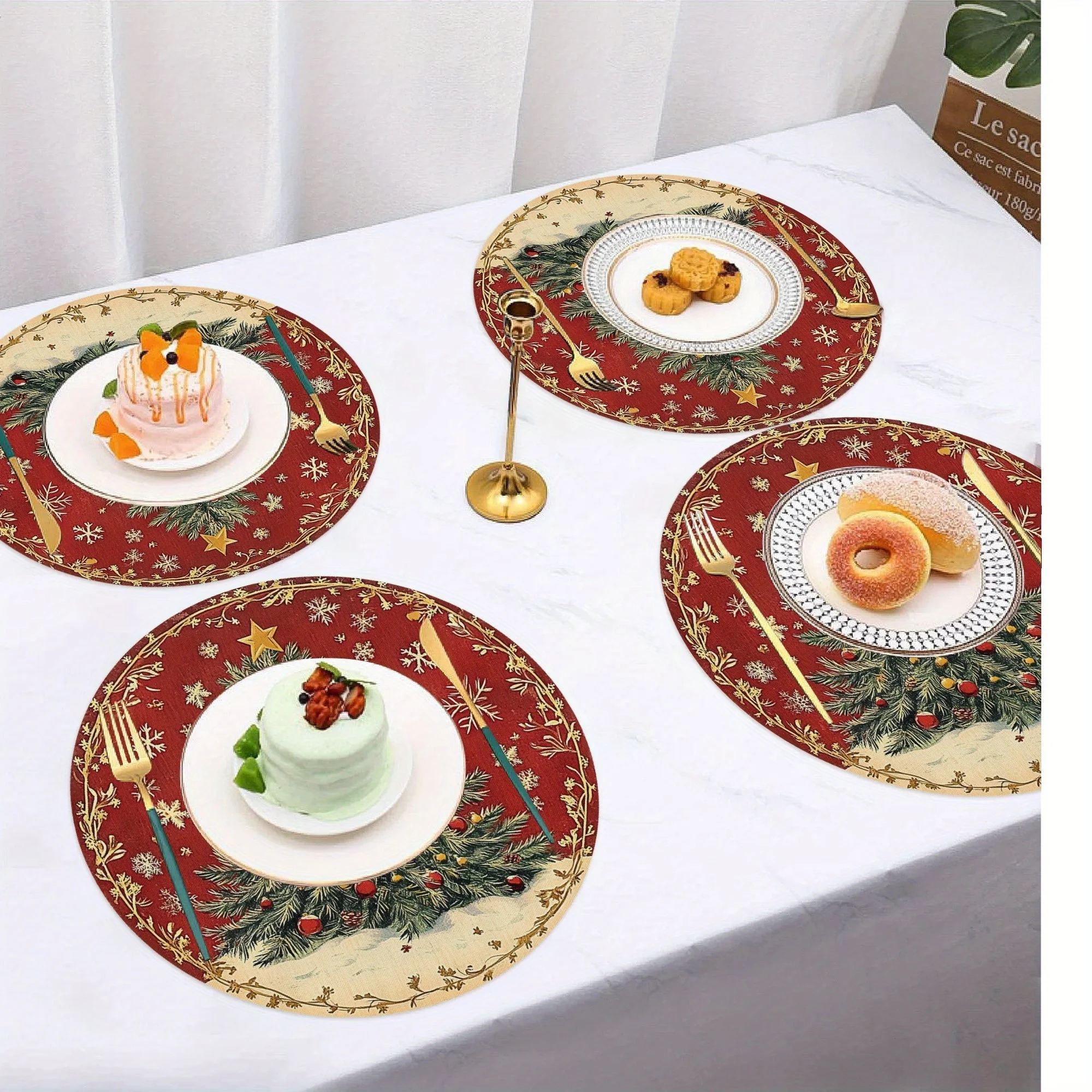 VIKAMA 4-Piece Christmas Tree Colorful Lights Placemats untuk Dekorasi Meja dan Aksesori Pesta Natal di Ruang Makan Rumah