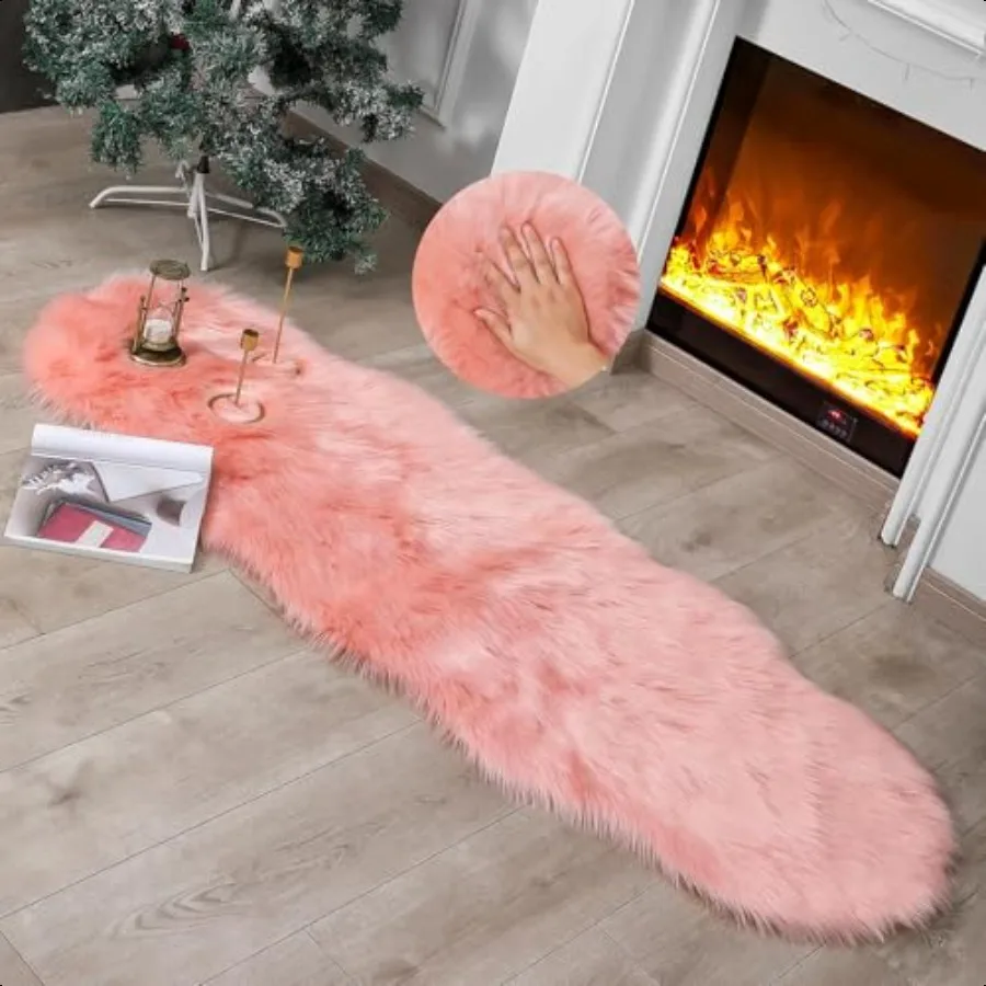 

Faux Fur Rug Sheepskin Shag Fluffy Fuzzy Pink 2x6 ft Runner Rugs for Bedroom Bedside Bed Floor Living Room Plush HighDensity Cu