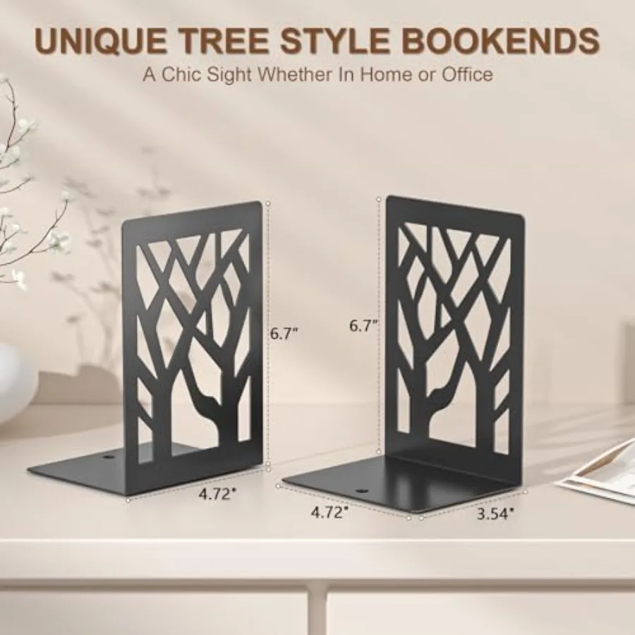 4-Piece Modern Metal Bookends for Shelves, Black Tree Book Ends for Books, Decorative Book Organizer for Desk, Non-Skid Shelve