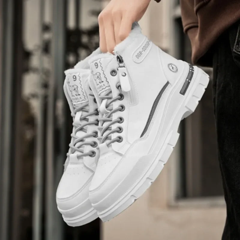 Winter Mens Warm Ankle Boots Fashion Versatile White Leather Shoes Outdoor Non-slip Sneakers for Man Motocycle Snows Boots Botas