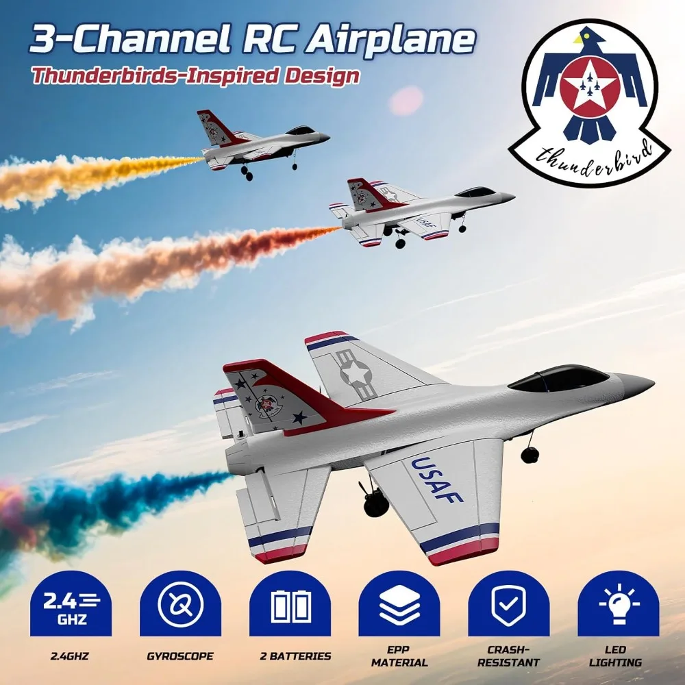 Aereo RC F16 Thunderbirds 3CH, giroscopio a 6 assi da 2,4 GHz, giocattolo per aereo aliante pronto per volare