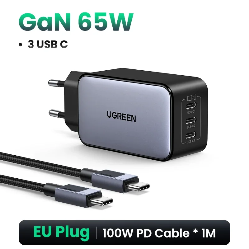 UGREEN 65W GaN-oplader 4 poorten USB C snellader Quick Charge 3.0 PD 3.0 voor Macbook Air Laptops Tablet iPhone 16 15 14 Pro Max - afbeelding 1