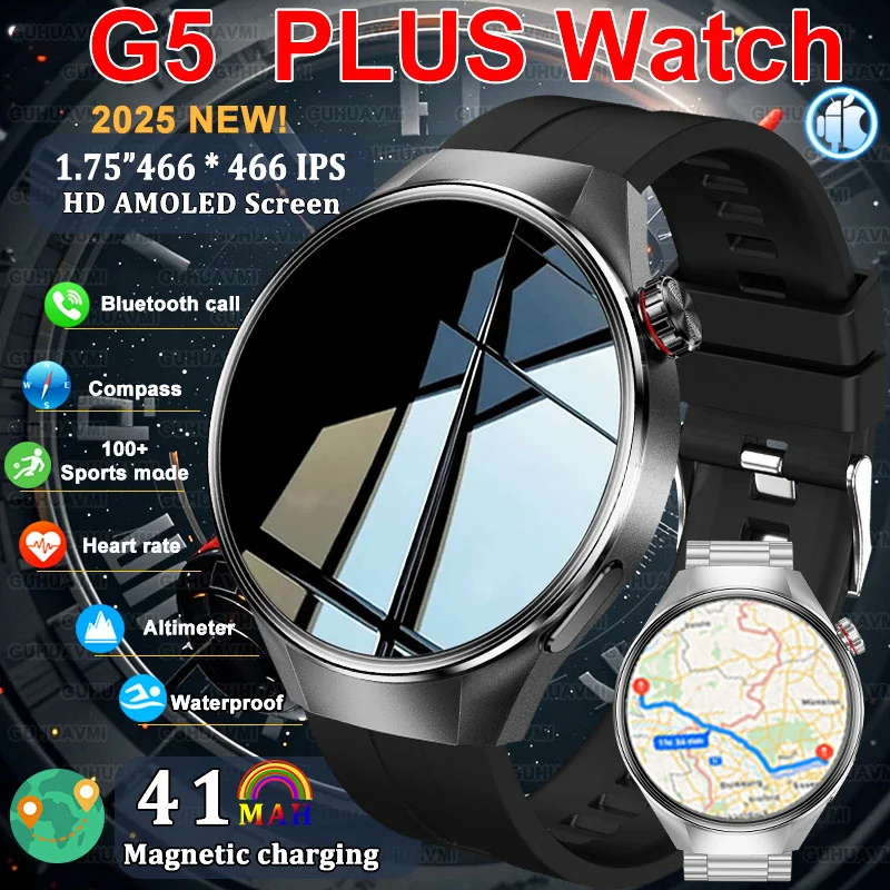 

2025 Новые GPS Смарт-часы Мужчины 466*466 HD AMOLED Экран BT Вызов Компас Высотомер 100+Спортивный пульсометр 5ATM Здоровье Смарт-часы