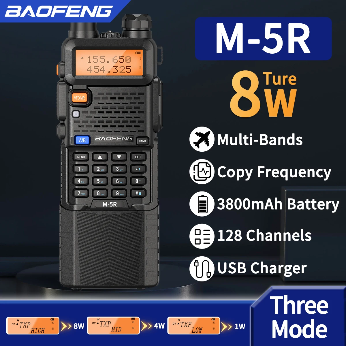 2X BAOFENG M-5R 8 واط لاسلكي تخاطب 3800 مللي أمبير بطارية متعددة الموجات AM Type-C USB نسخة مطورة UV-5R UV5R طويلة المدى اتجاهين راديو لحم الخنزير