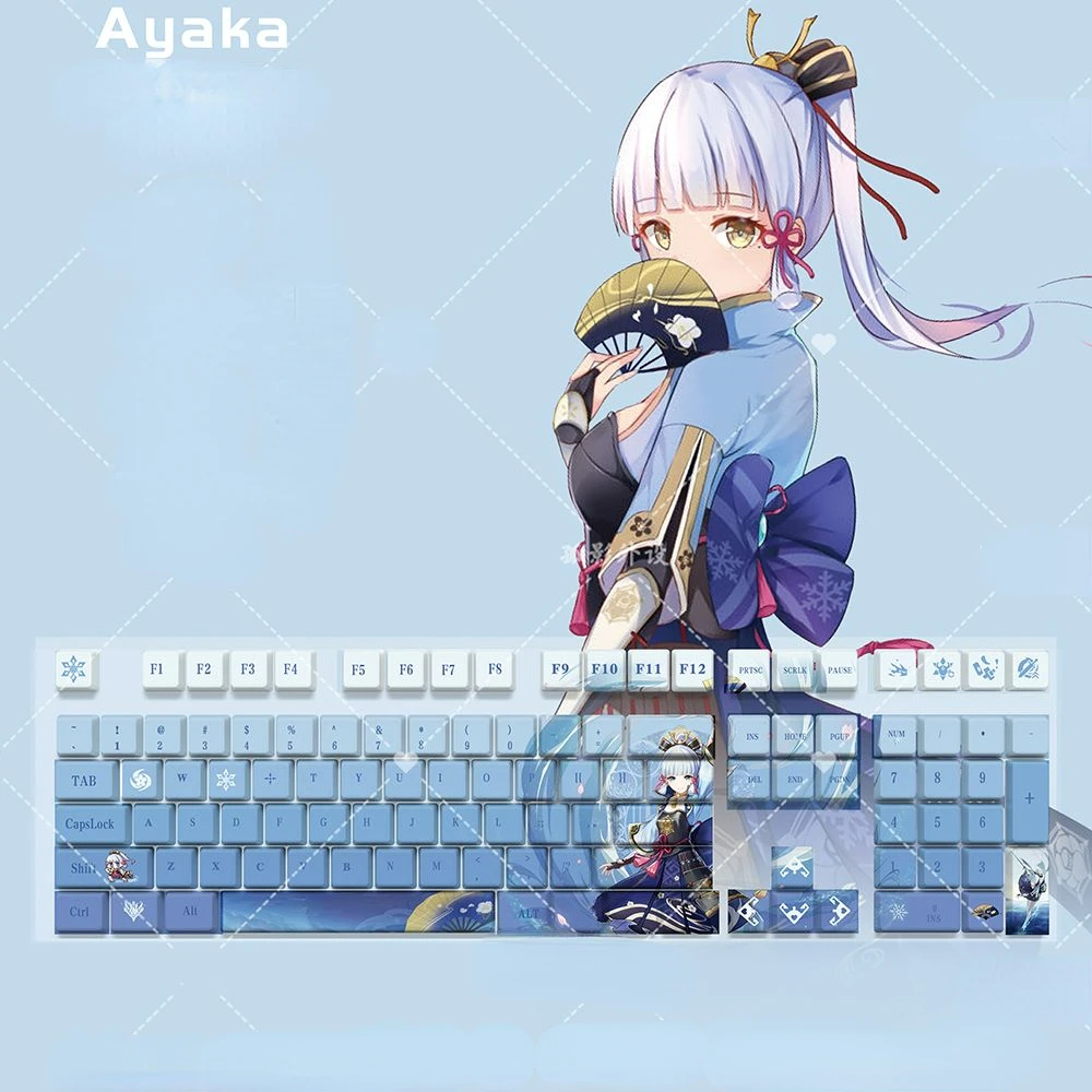 

128 клавиш/набор Genshin Impact Kamisato Ayaka PBT Keycaps для Cherry MX Switch Keycap для механической клавиатуры игры подарок на заказ DIY