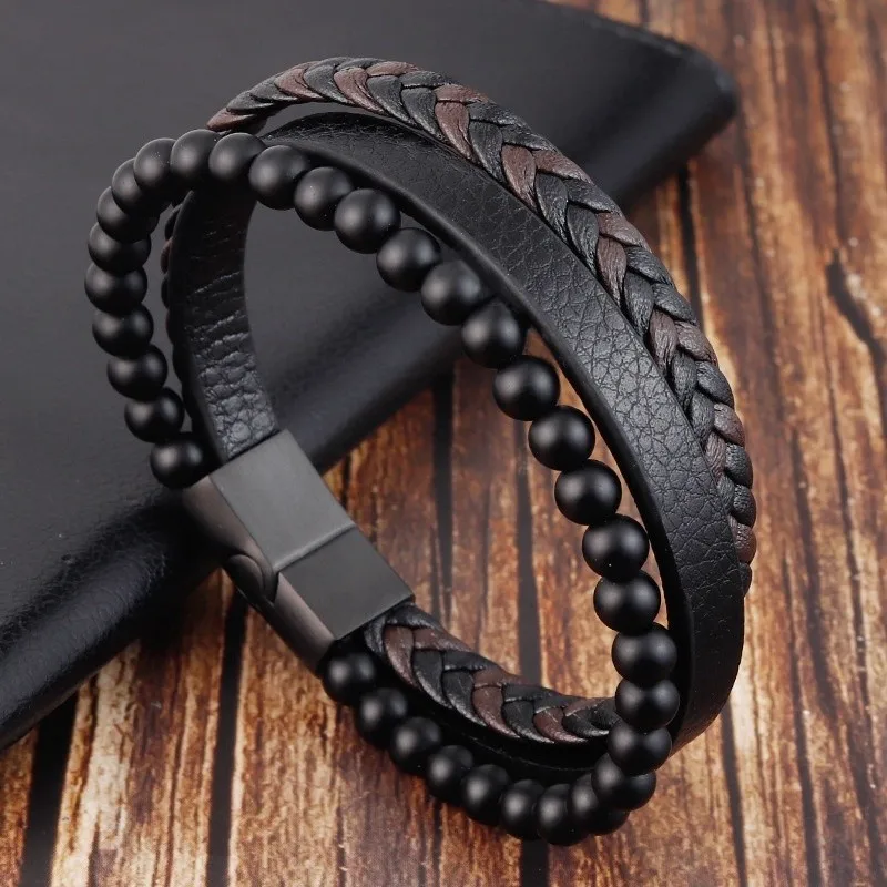

New Trend Men's Bracelet Frosted Beads Black Leather Bracelet Hip Hop Rock Cool Handsome Jewelry Gift