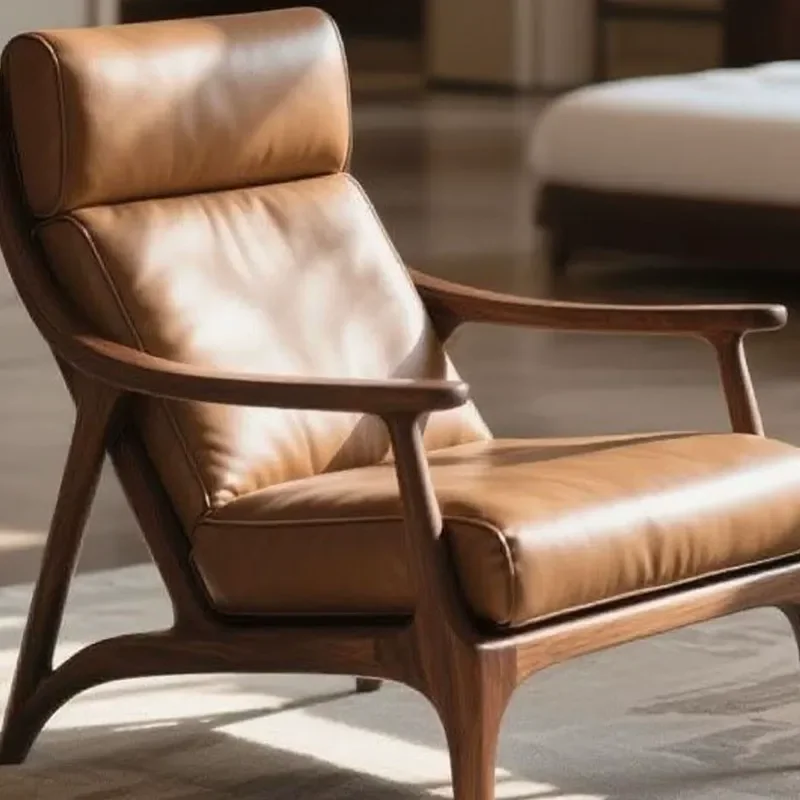 North American Black Walnut Solid Wood Single Sofa Chair Living Room Lazy Sofa Nordic Balcony Leather Leisure Chair