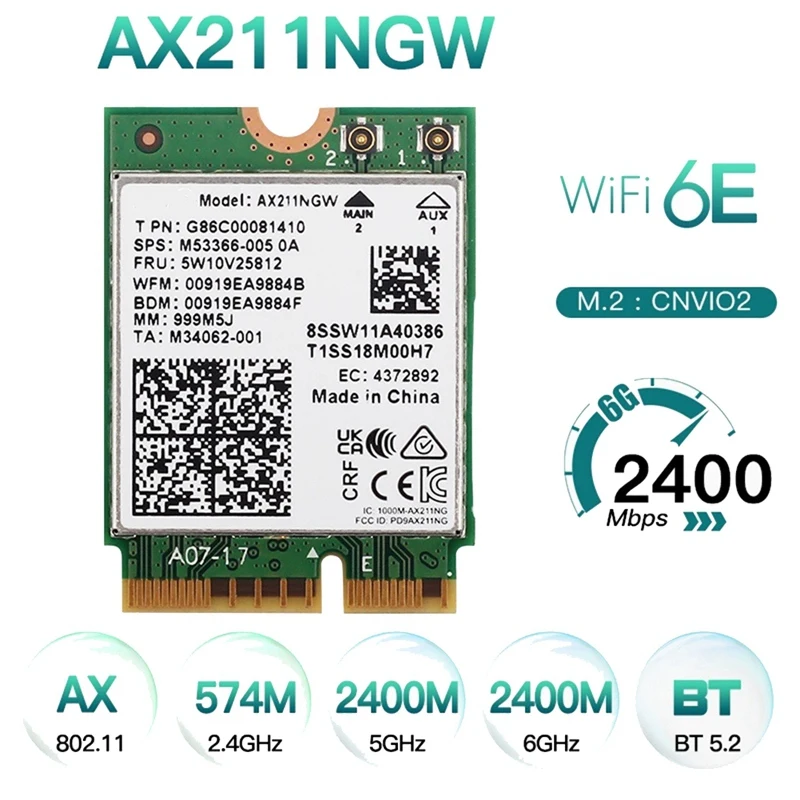 محول بطاقة شبكة لاسلكية ، AX211NGW ، واي فاي 6E ، M.2 مفتاح E ، CNVio2 ، ثنائي النطاق Ghz ، 5 جيجا هرتز ، 802.11Ac ، بلوتوث