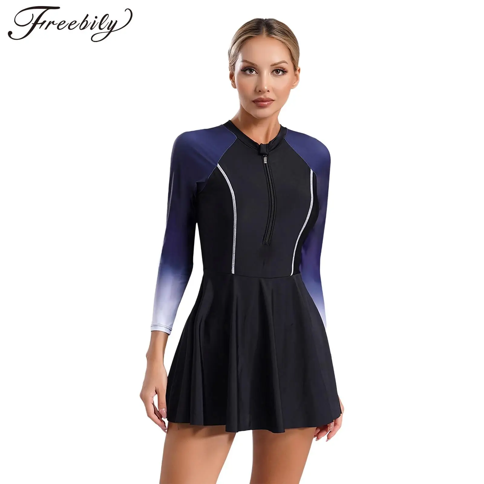 

Women's Swimsuit Long Sleeve Conservative Swimwear Woman's One Piece Swim Dress with Built-in Shorts Bathing Suit Rash Guard