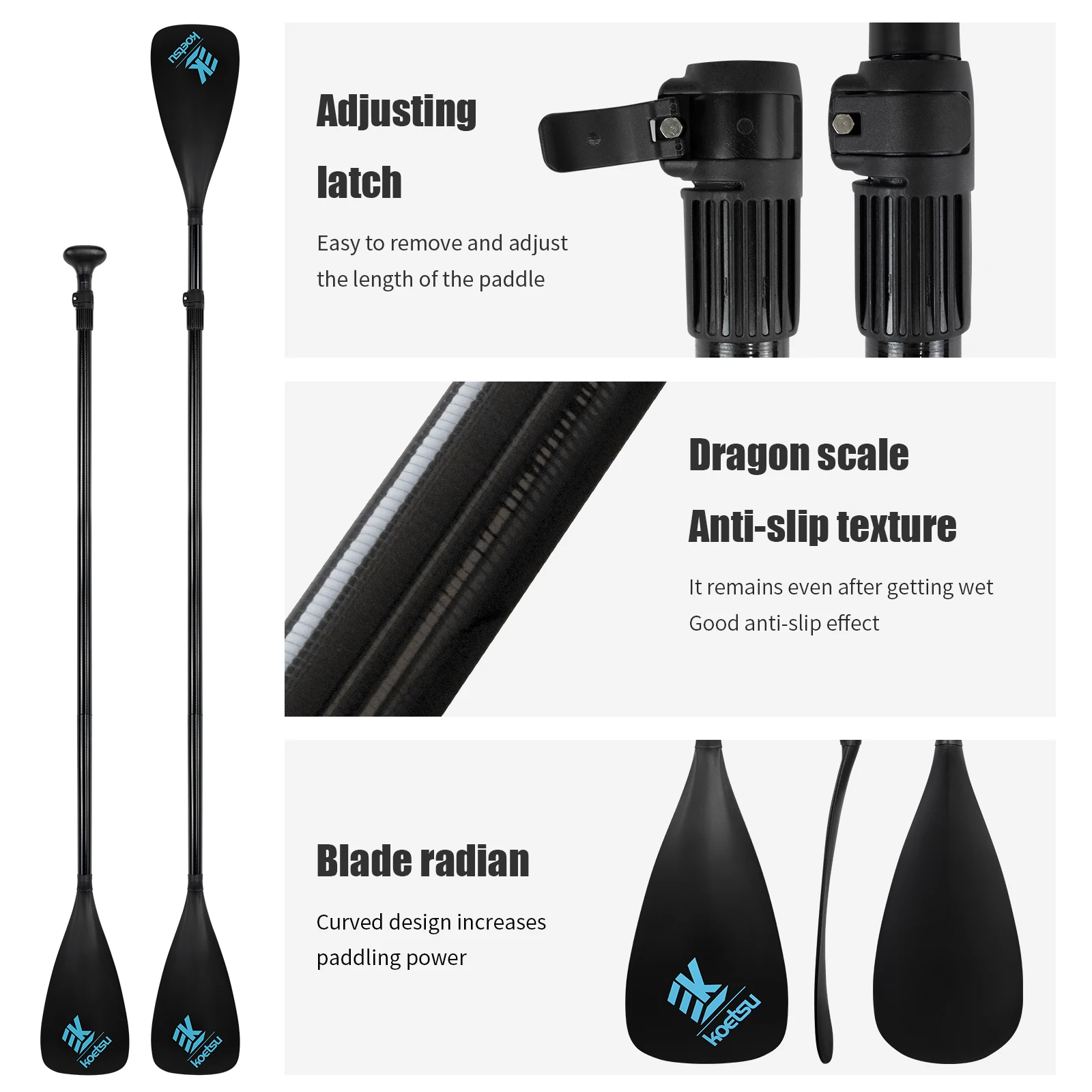 KOETSU SUP FIBERGLASS TWO WAY  PADDLE -3 ADJUSTABLE FIBERGLASS PADDLES WITH NYLON BLADES, SUITABLE FOR WATER SPORTS view 2