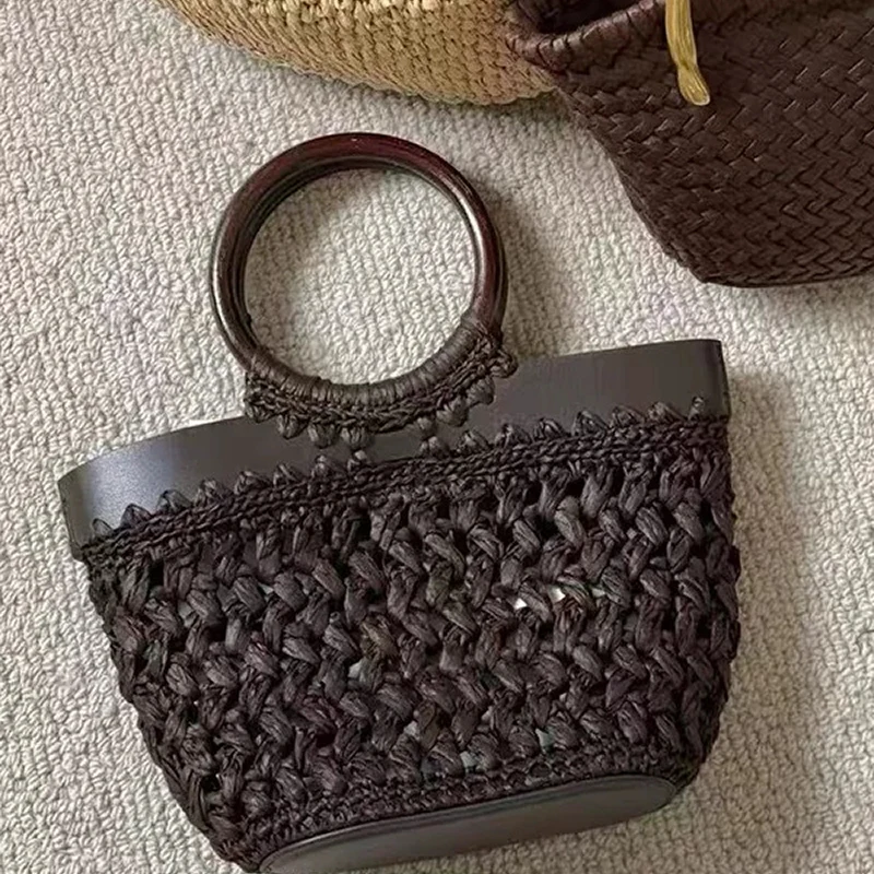 Summer Straw Woven Tote Bag Handmade Raffia Crochet Handbag Large Capacity Retro Beach Shoulder Bag Casual Rattan Hobo Purse