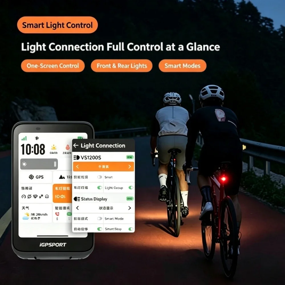 iGPSPORT VS1200S 1200LM Smart Bike Front Light Under-Mount Anti-Glare Type-C IPX6 Bike Computer Sync for Road MTB
