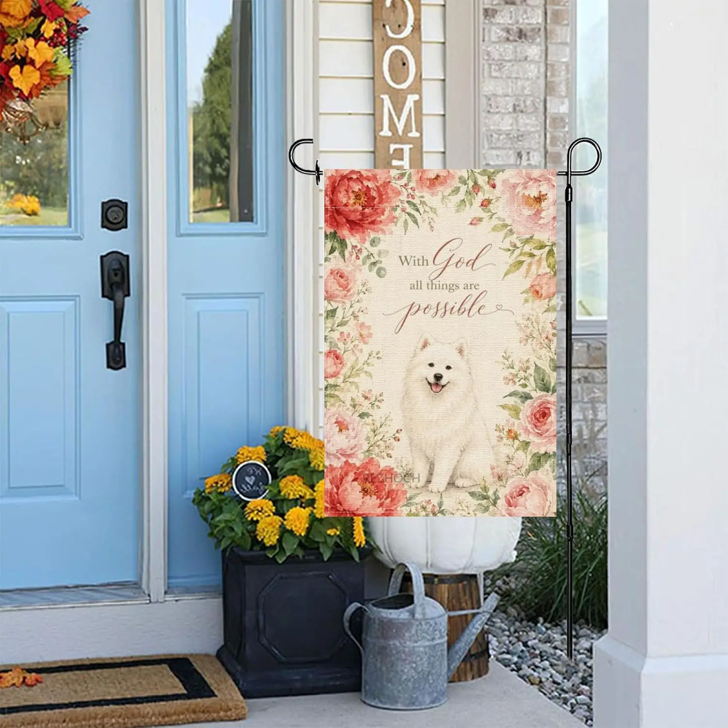 Watercolor Floral Cute Samoyed Dog Spring Summer Welcome Garden Flag 12x18Inch,With God All Things Are Possible Outdoor Yard yyi