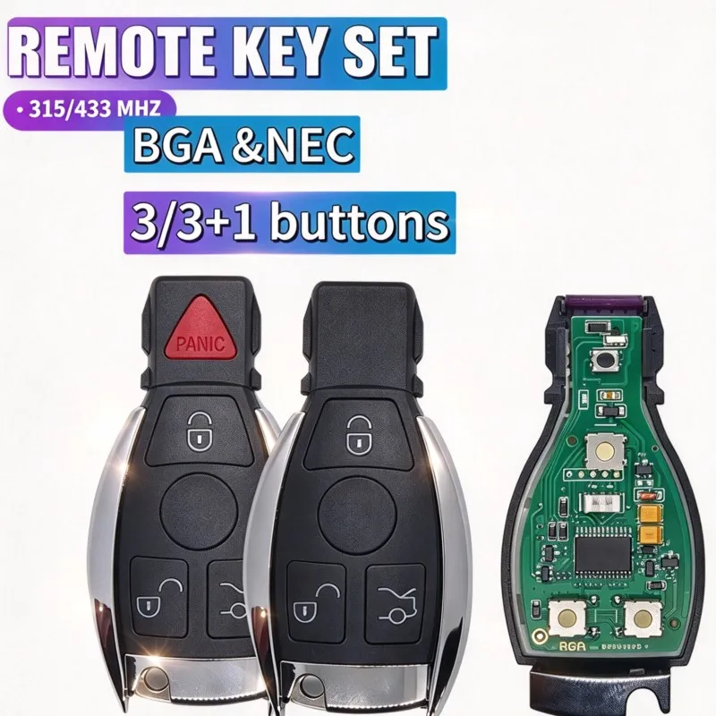 For MB Mercedes BENZ C E S 2 Supports Original NEC BGA Fob，3/4 Buttons Remote Smart Car Key 315/433 MHz，BGA Style NEC Key
