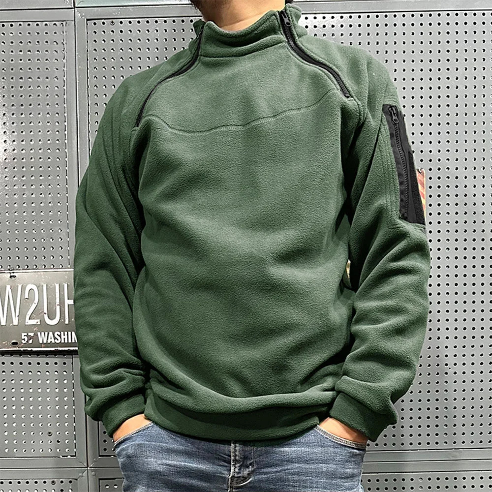 Men\'s Polar Fleece Outdoor Warm Breathable Tactical Zipper Standing Neck Long Sleeves Casual Solid Color Sweatshirt