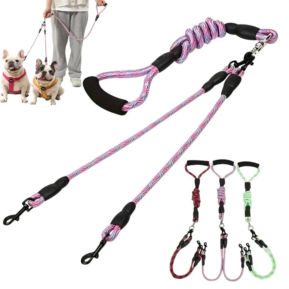 

Wave Pattern Double Head Dog Rope Anti-Winding Comfort Foam Handle Two Dog Lead Rope Padded Soft Handle Removable