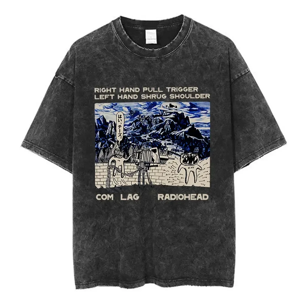 Radiohead Rock Band T-shirt Vintage Washed Oversized Streetwear Men Women Summer Cotton Short Sleeve Graphic Y2k Retro Tee