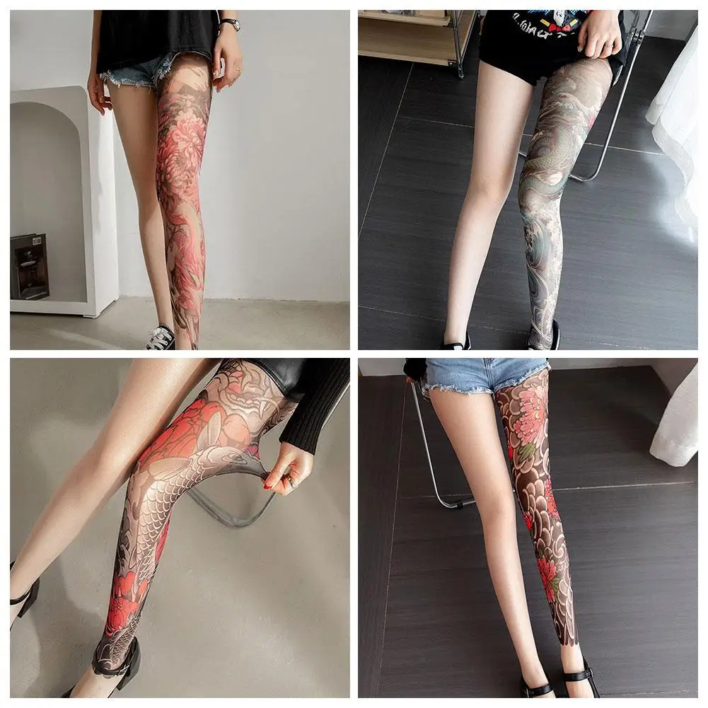 

Printed Tights Fake Tattoo Peony Pantyhose Female Perspective Mesh Leggings Lightweight Breathable And Shaping Stockings