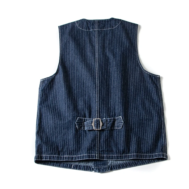 Buckle Back Retro Denim Vest Men\'s Multi Pockets Workwear Sleeveless Jacket Y2k Youth Male Striped Blue Camisole Top Vintage