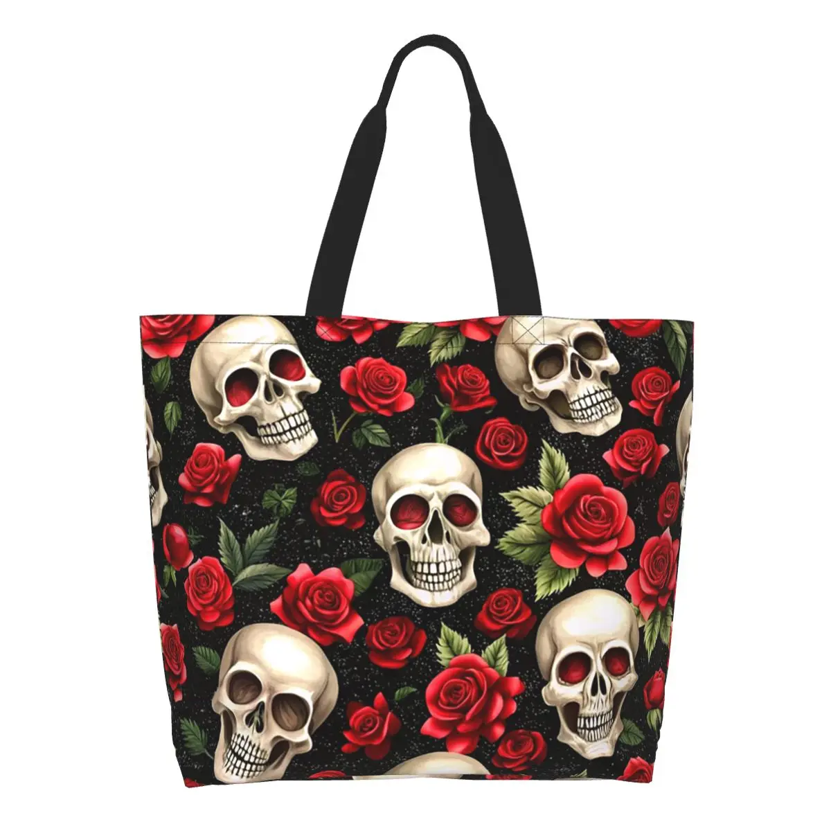 Rose Skull Gothic Style Pattern Shopping Tote Bag Canvas Large Capacity Shoulder Bags Shopper Grocery Handbag for Women