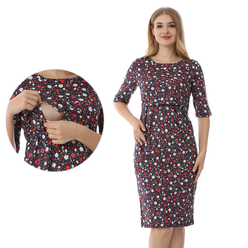 

Maternity Dress Summer Knee Length Breastfeeding Dresses Half Sleeve Nursing Clothes for Postpartum Women