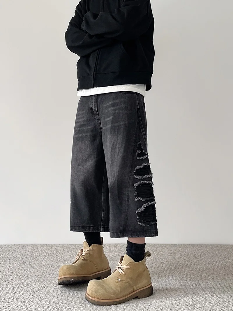 

Ретро-джинсовые шорты в американском стиле, выстиранные, черно-серые, свободные, широкие, летние, модные, для пар, джинсы-капри, повседневные, молодежные