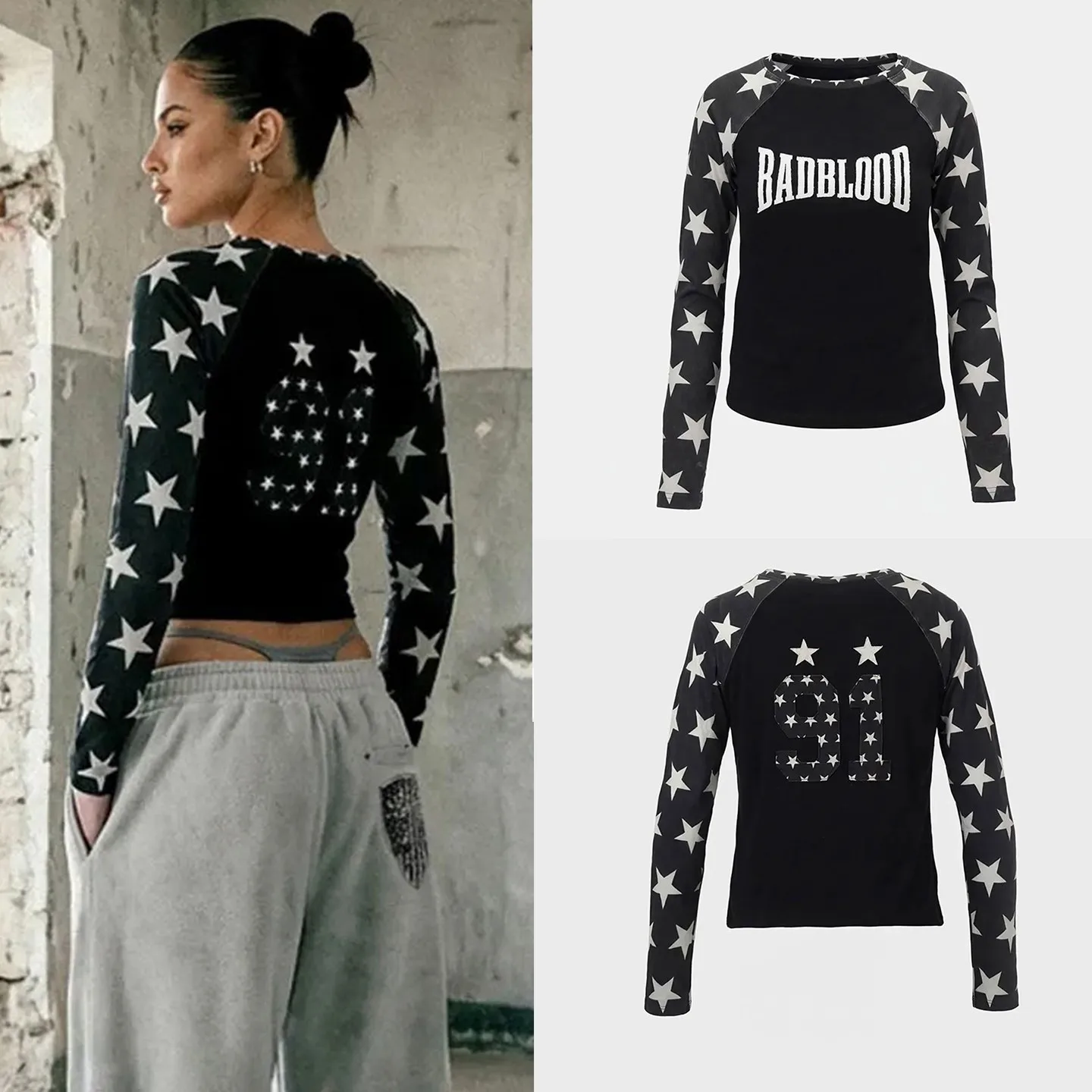 

Женская модная повседневная футболка Slim Fit с длинным рукавом, цветными блоками и круглым вырезом, в уличном стиле, большие размеры в наличии