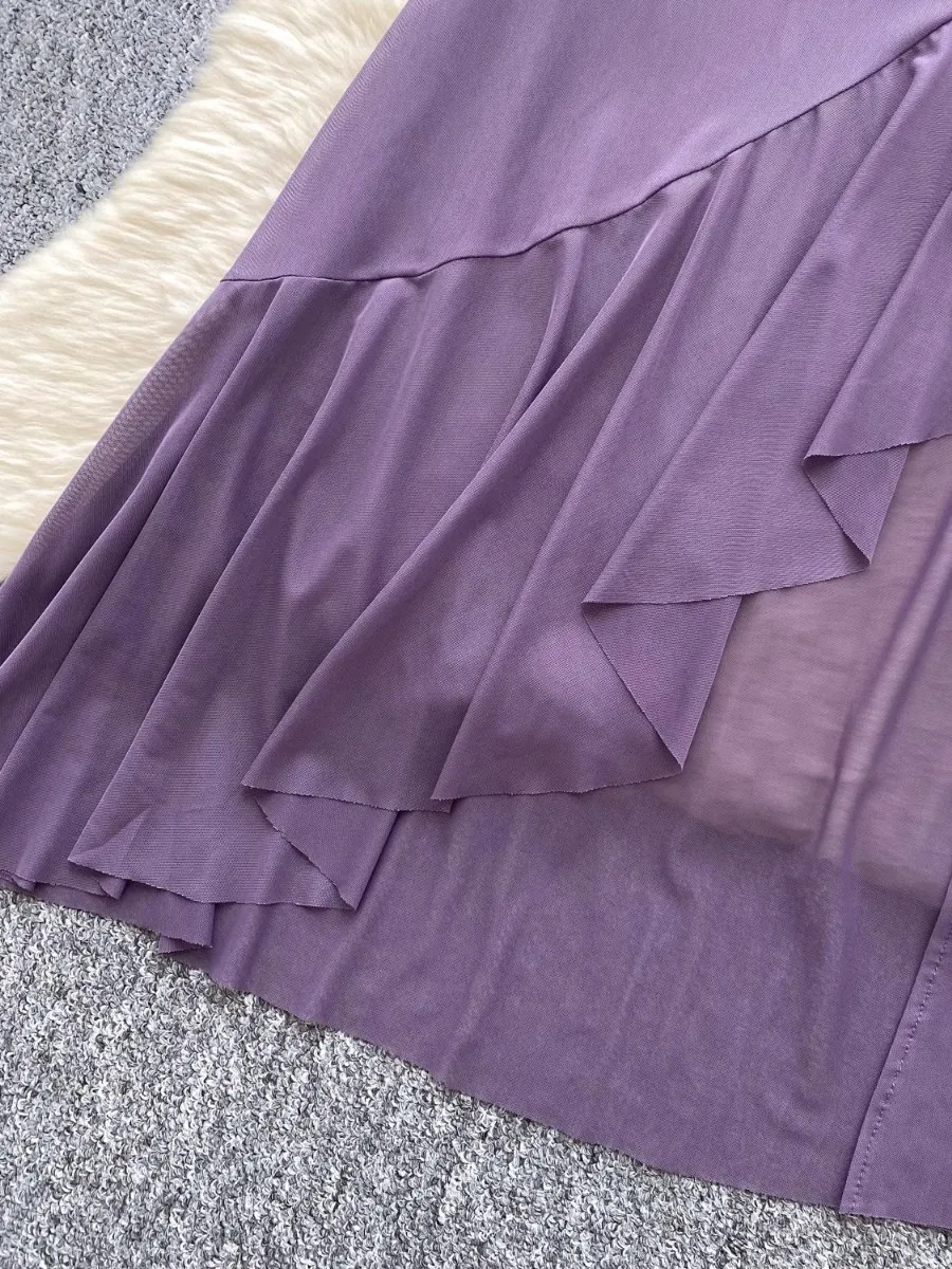 Foamlina Fashion Muse Design Kink Suspender Waist Irregular Ruffle Dress Women's French Mesh Midi Boho Holiday Dresses