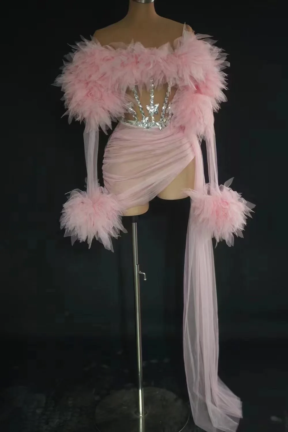 Strój klubowy, kostium showgirl, luksusowy strój na imprezę, błyszczący, seksowny, siateczkowy, z odkrytymi ramionami, dwuczęściowy zestaw spódnic, strój dla tancerki scenicznej