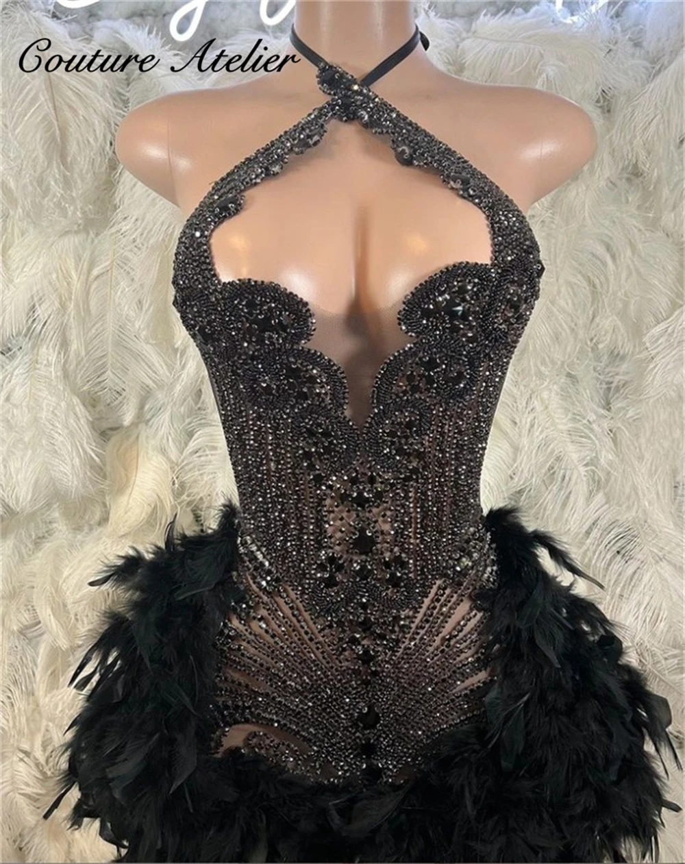 Halter Black Feather Prom Dresses Black Girls Beaded Crystal Birthday Party Dress Mermaid Mini Cocktail Homecoming Customized